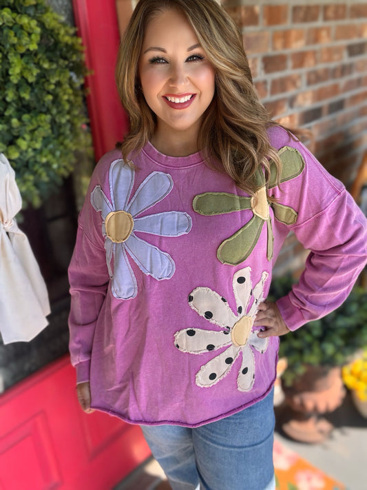 Floral Patchwork Mineral Washed Pullover – Pink | Easel