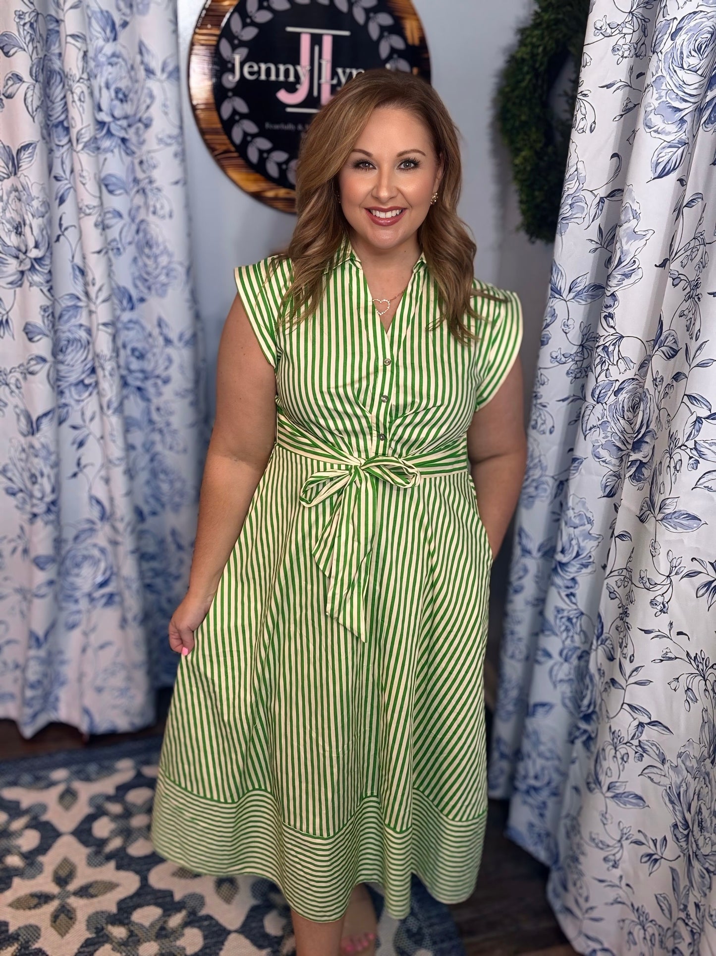 Green Striped Entro Midi Dress with Bow Detail