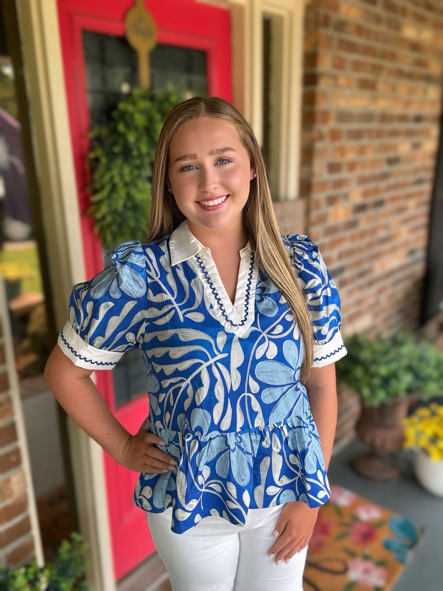 Blue Entro Floral V-neck Top
