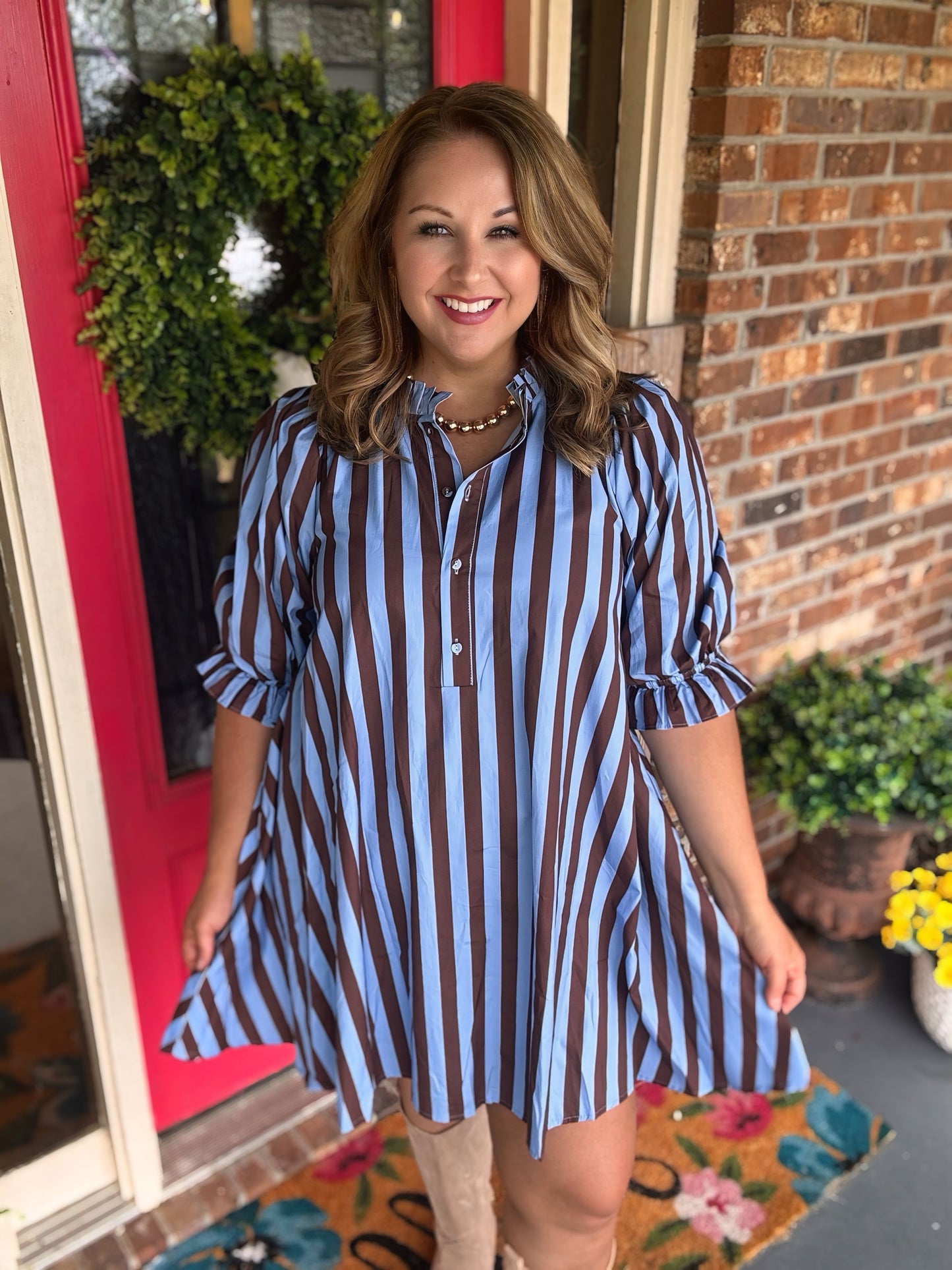 Entro Striped Mini Dress Blue Brown
