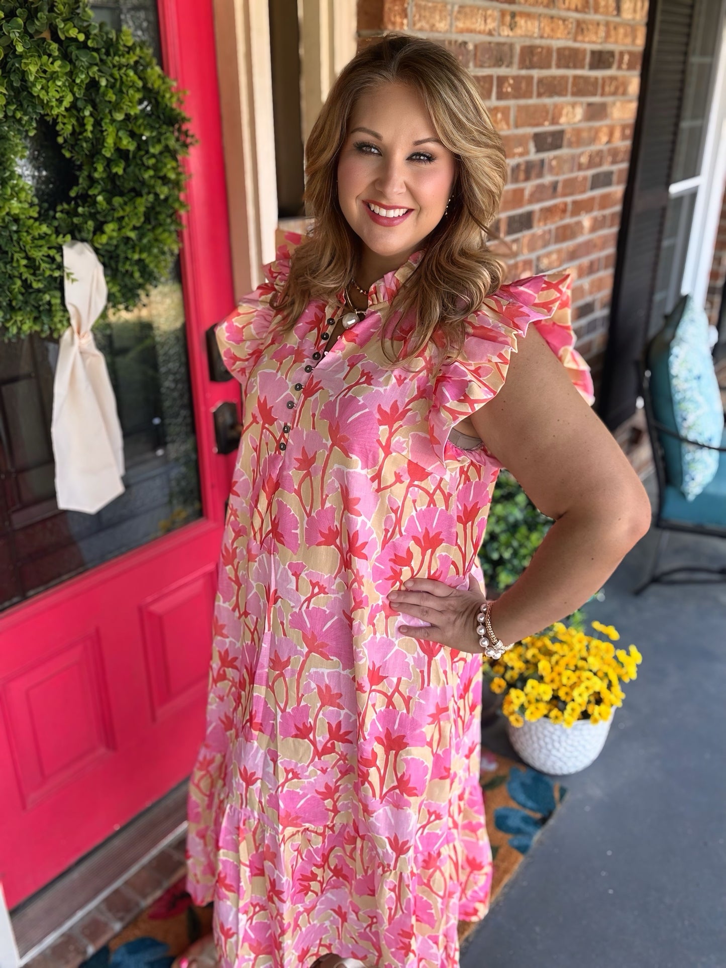 Pink Floral Midi Dress