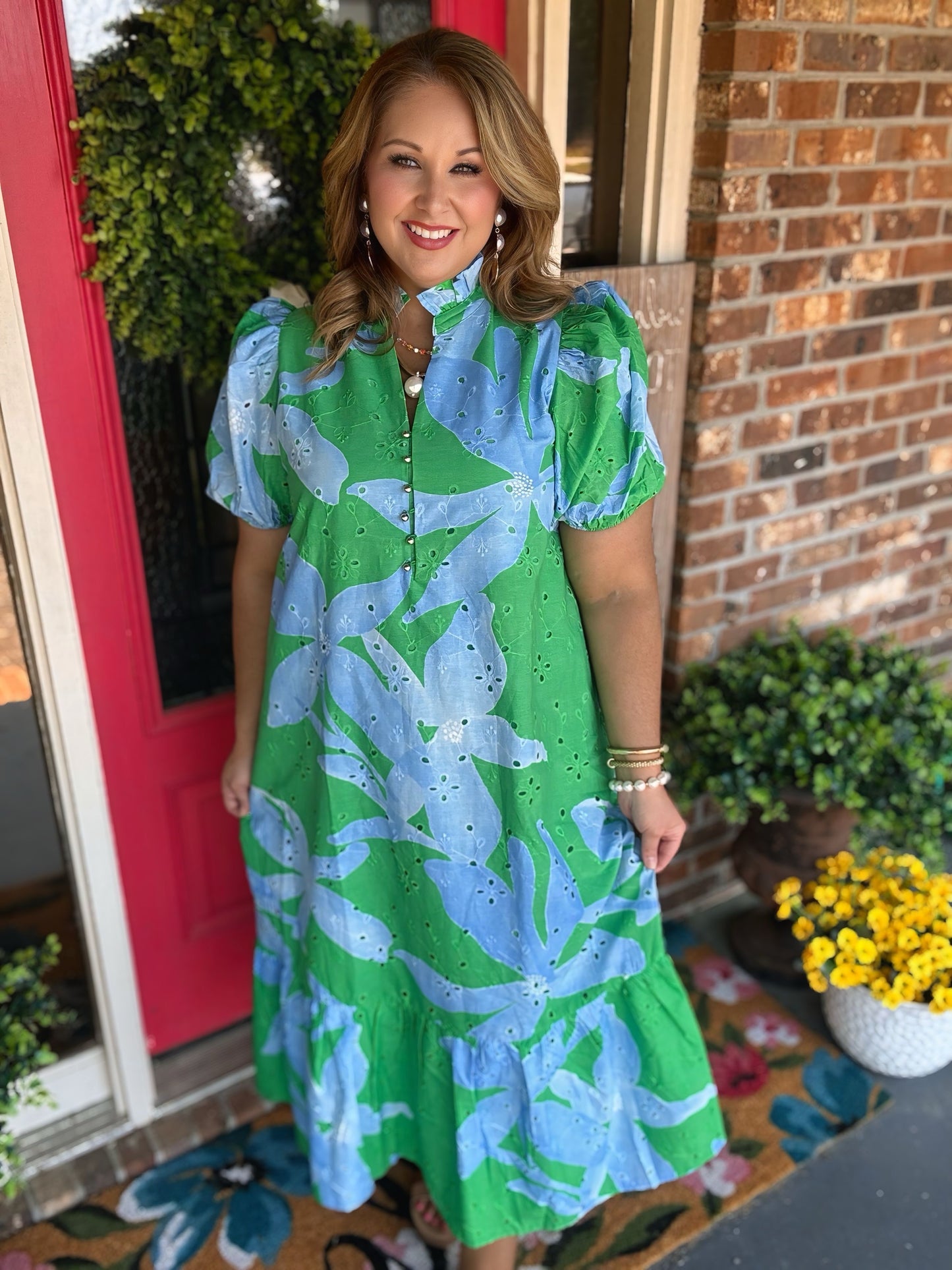 Botanical Puff Sleeve Midi Dress
