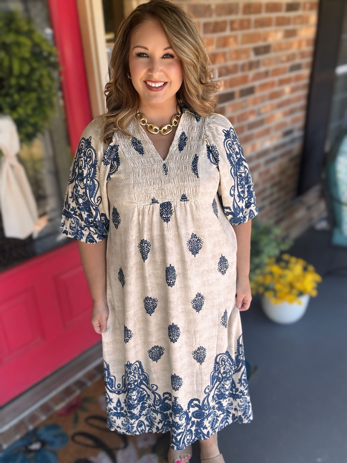 Umgee Border Print Smocked Detail Midi Dress