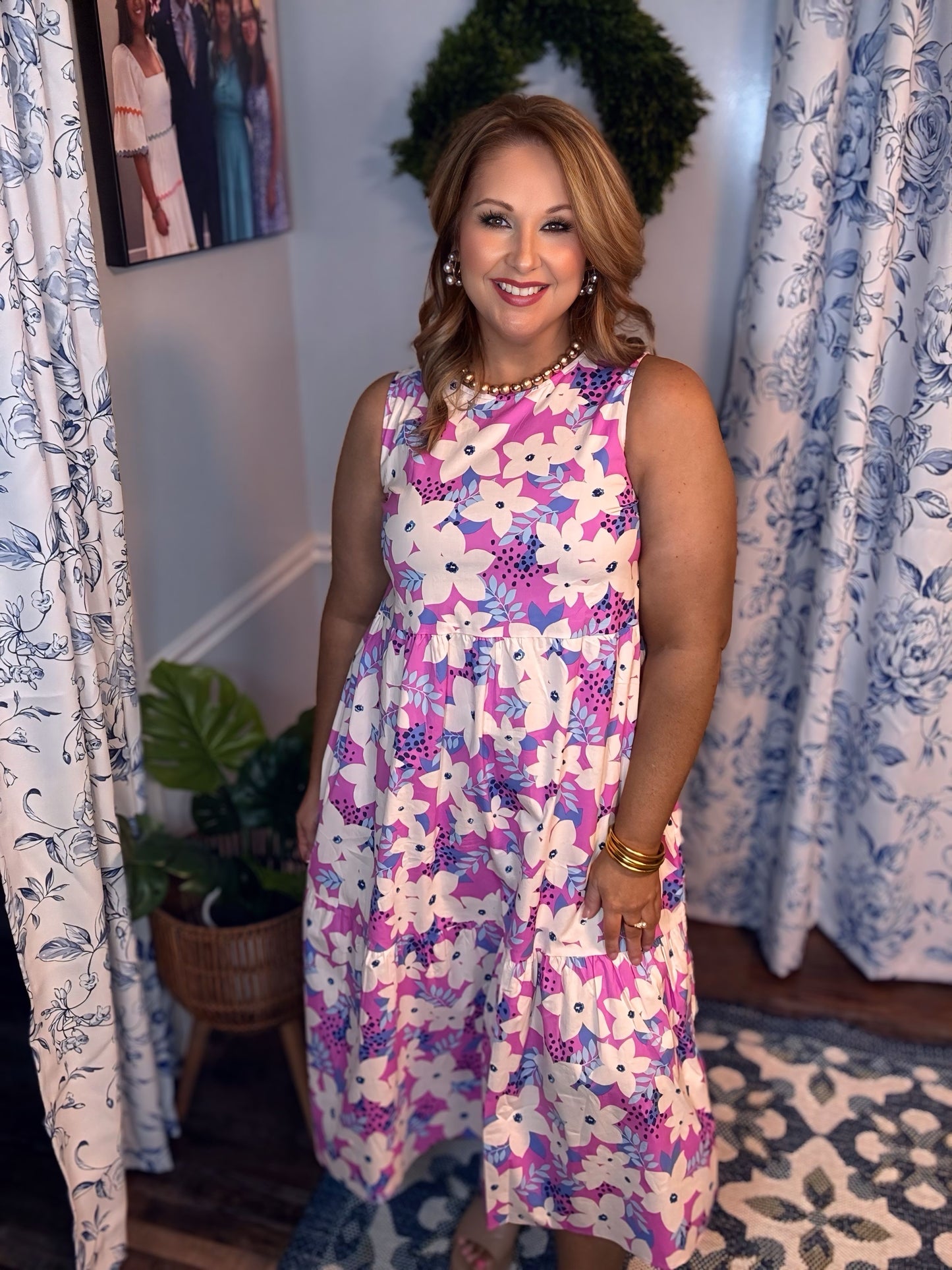 Lavender FLORAL POPLIN MIDI DRESS Pink