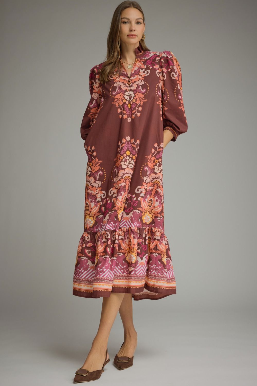 Entro Burgundy Border Floral Print Midi Dress