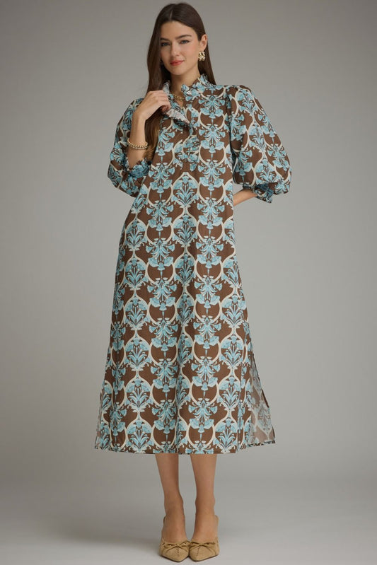 Entro Brown & Blue Printed Balloon Sleeve Midi Dress