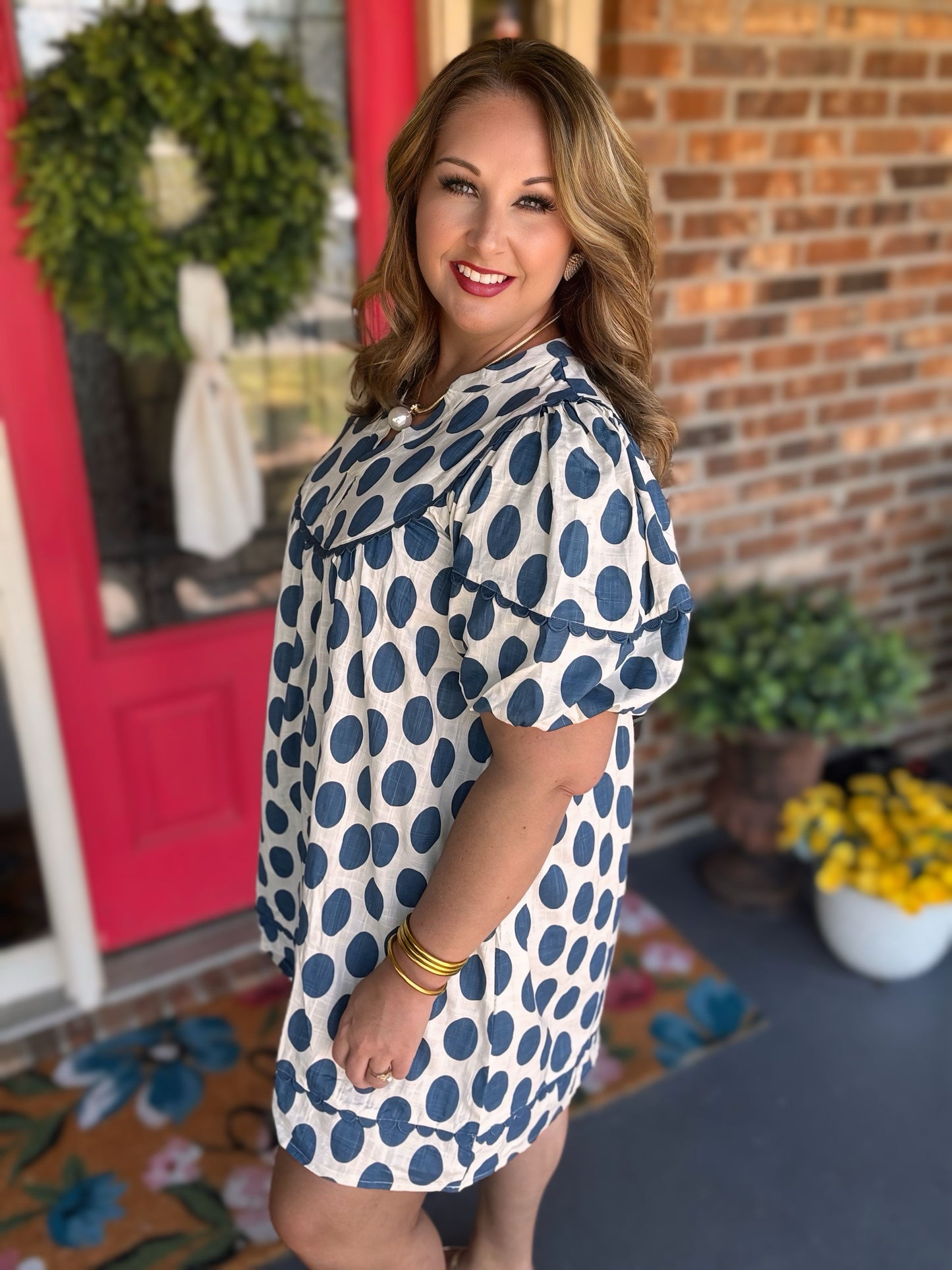 Blue Easel POLKA DOTS LINEN MINI DRESS