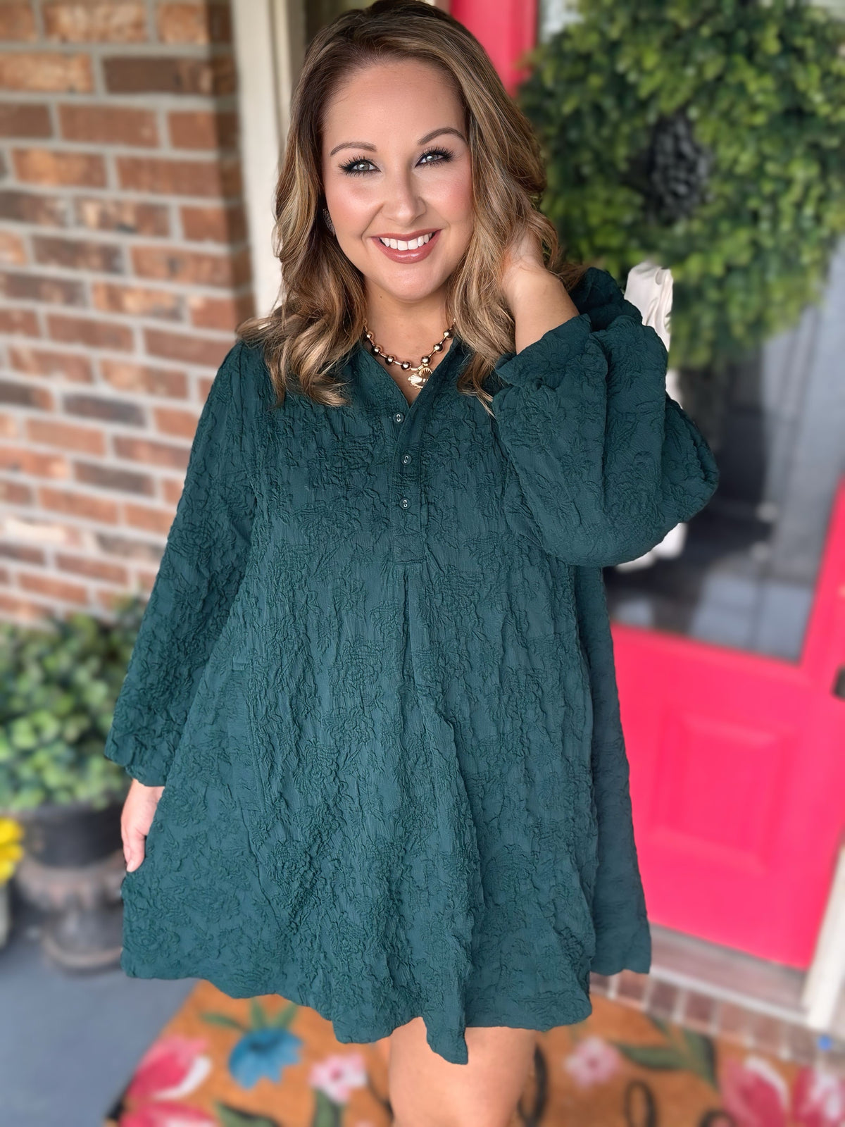 Forest Green Floral Crinkle Jacquard Polo Dress | Umgee