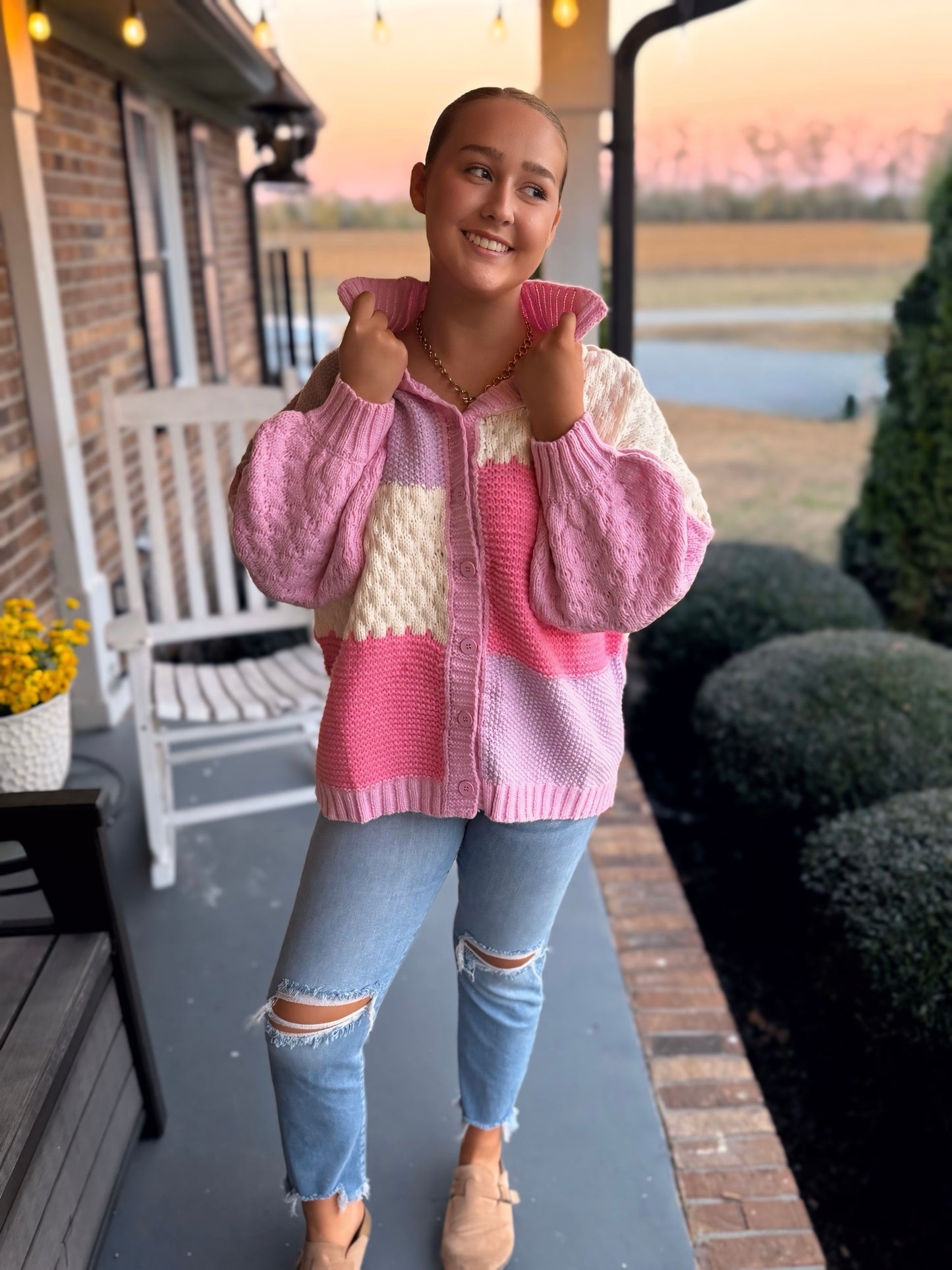 Long Sleeve Knit Sweater Top with Color Block