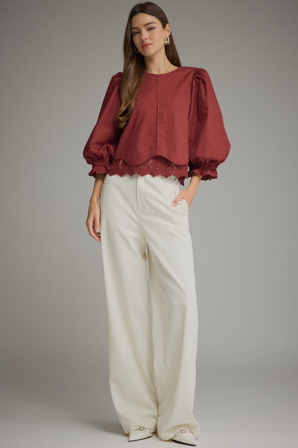 Entro Burgundy Lace Trim Balloon Sleeve Top
