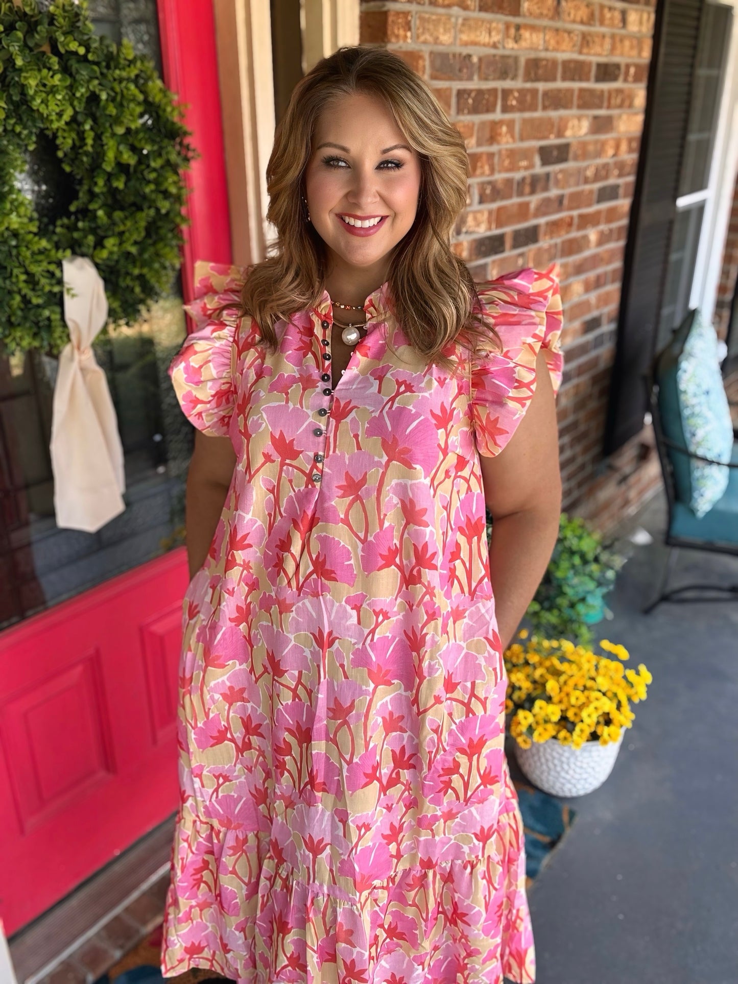 Pink Floral Midi Dress