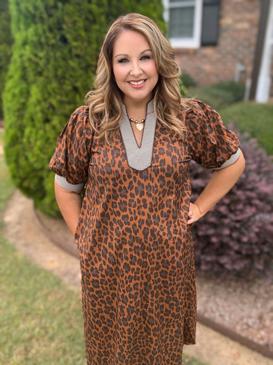 Entro Brown Leopard Print Gingham Trim Midi Dress