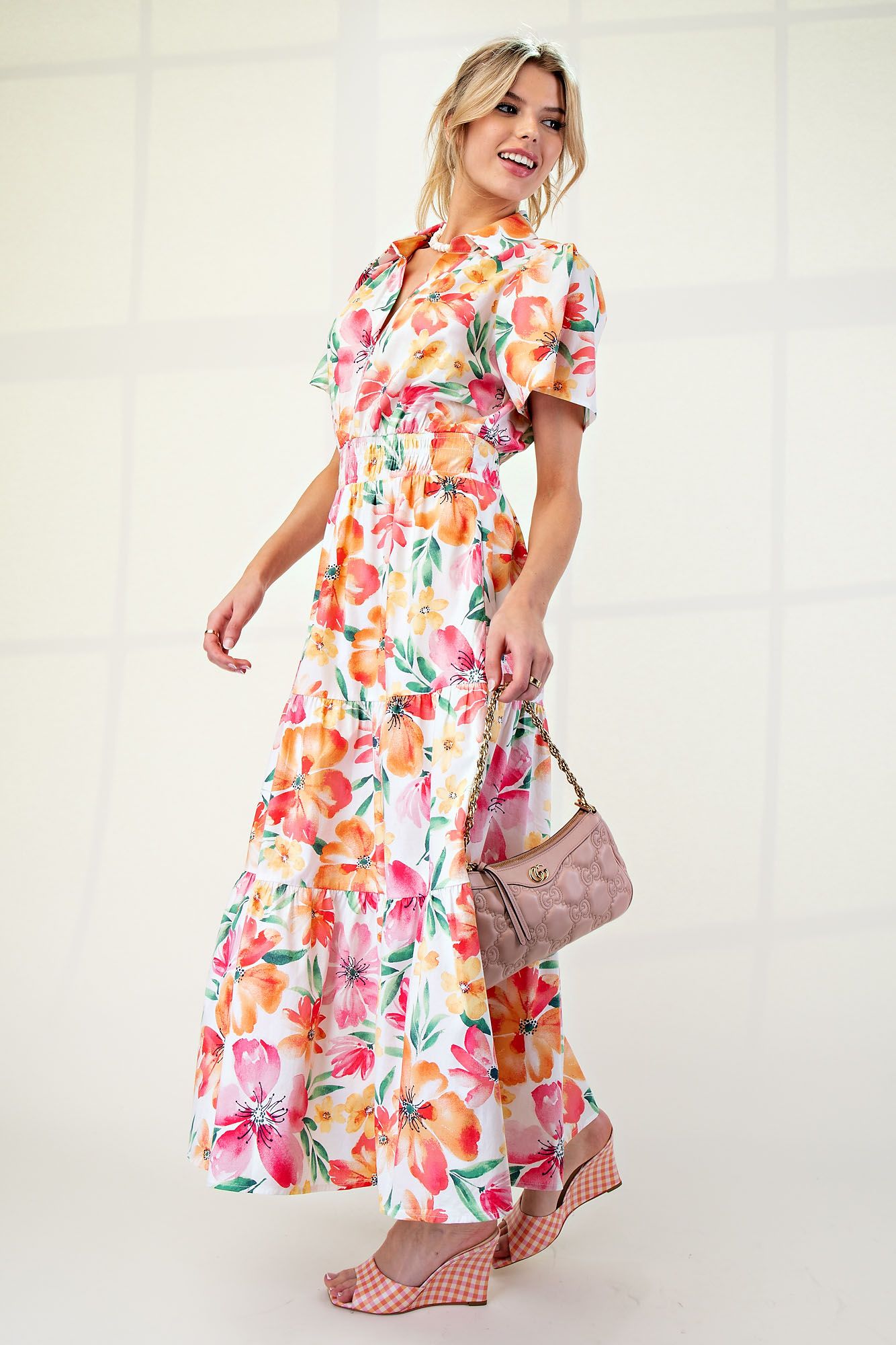 Easel FLORAL PRINTED COTTON POPLIN MAXI DRESS
