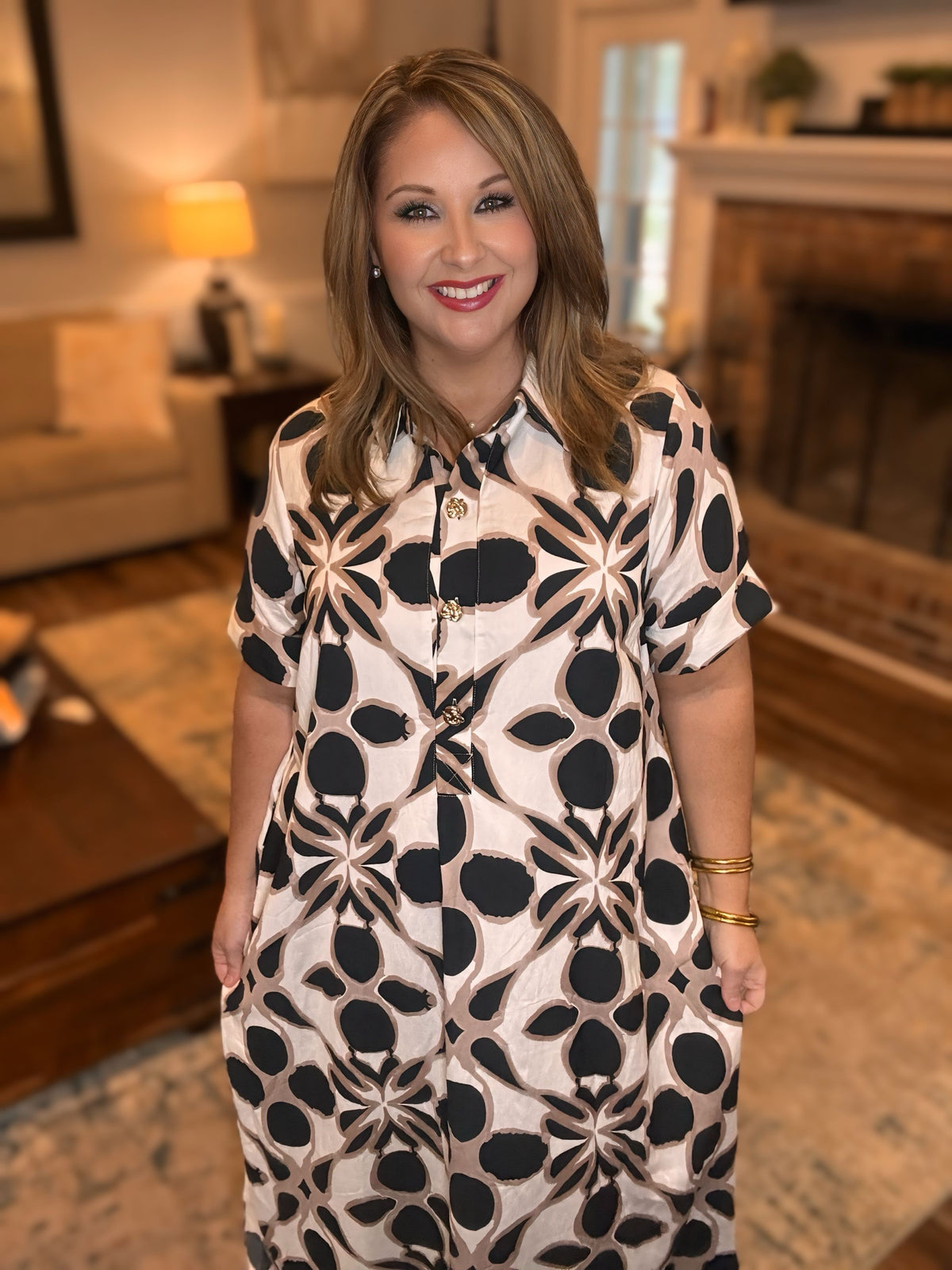 Entro Black Abstract Print Button Detail Midi Shirt Dress