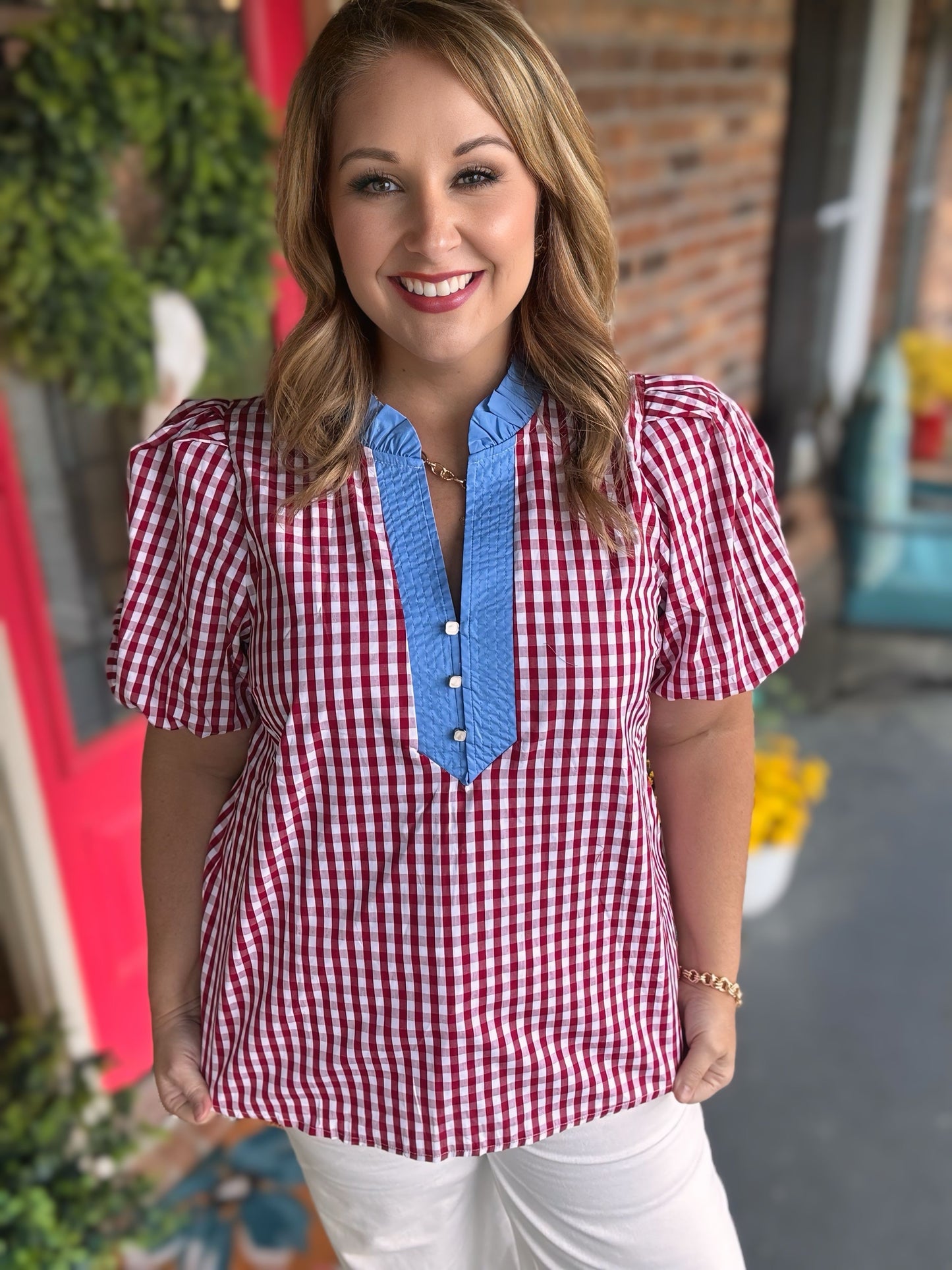 Gingham Red/Blue Puff Sleeve Top