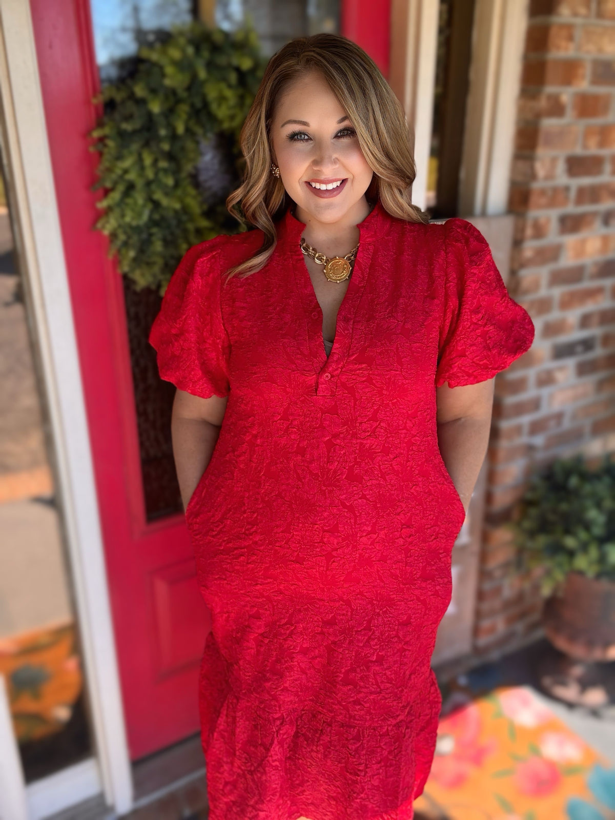 Red Textured Puff Sleeve Maxi Dress | Jodifl