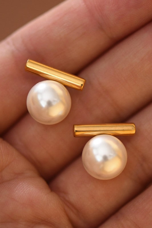 Gold bar and pearl stud, waterproof earring