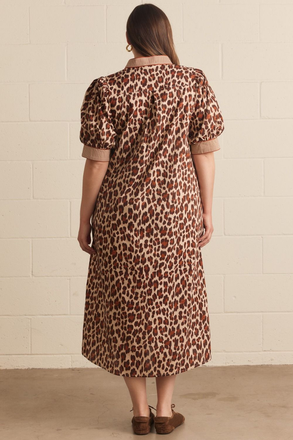 Ecru Leopard Gingham Trim Midi Dress