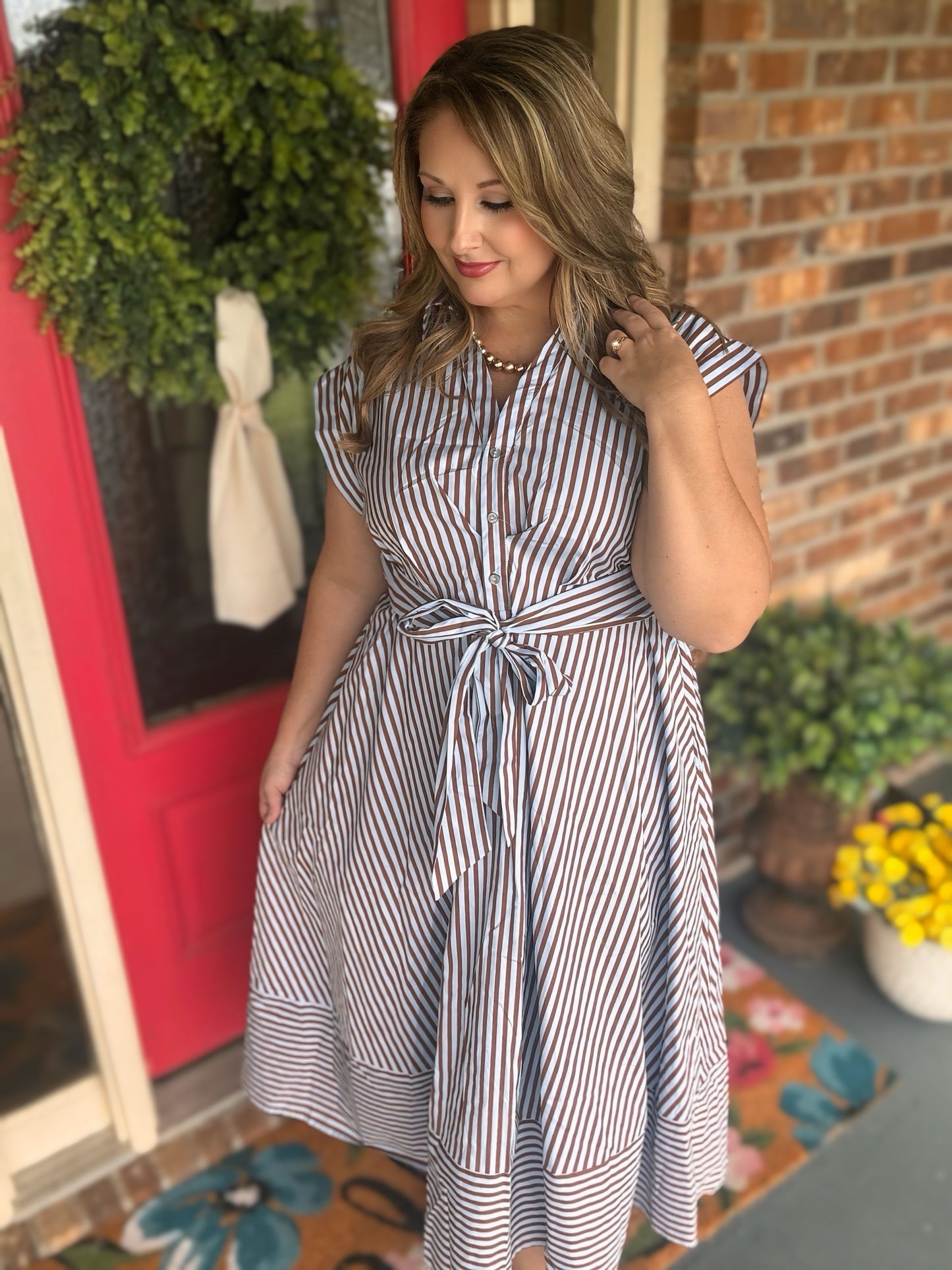 Entro Blue & Brown Striped Tie-Front Midi Dress