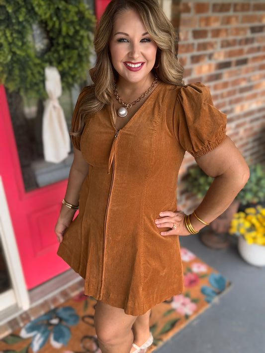 Entro Camel Front Zip Puff Sleeve Mini Dress