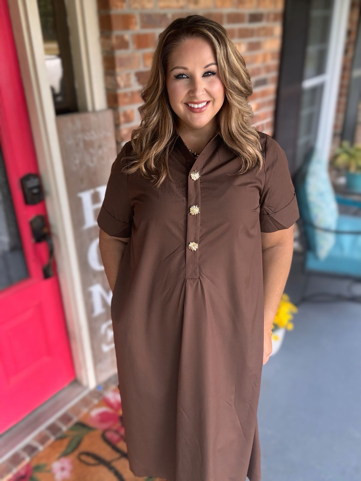 Brown Midi Dress with Gold Snap Buttons | Entro