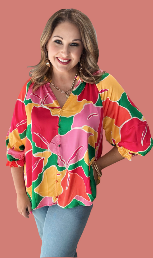 Multicolor ruffle sleeve v-neck blouse in yellow