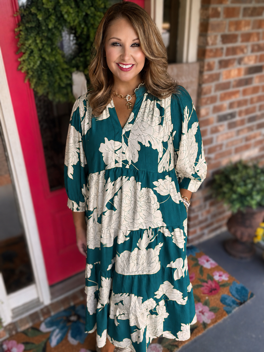 Umgee Teal Floral Tiered Maxi Dress