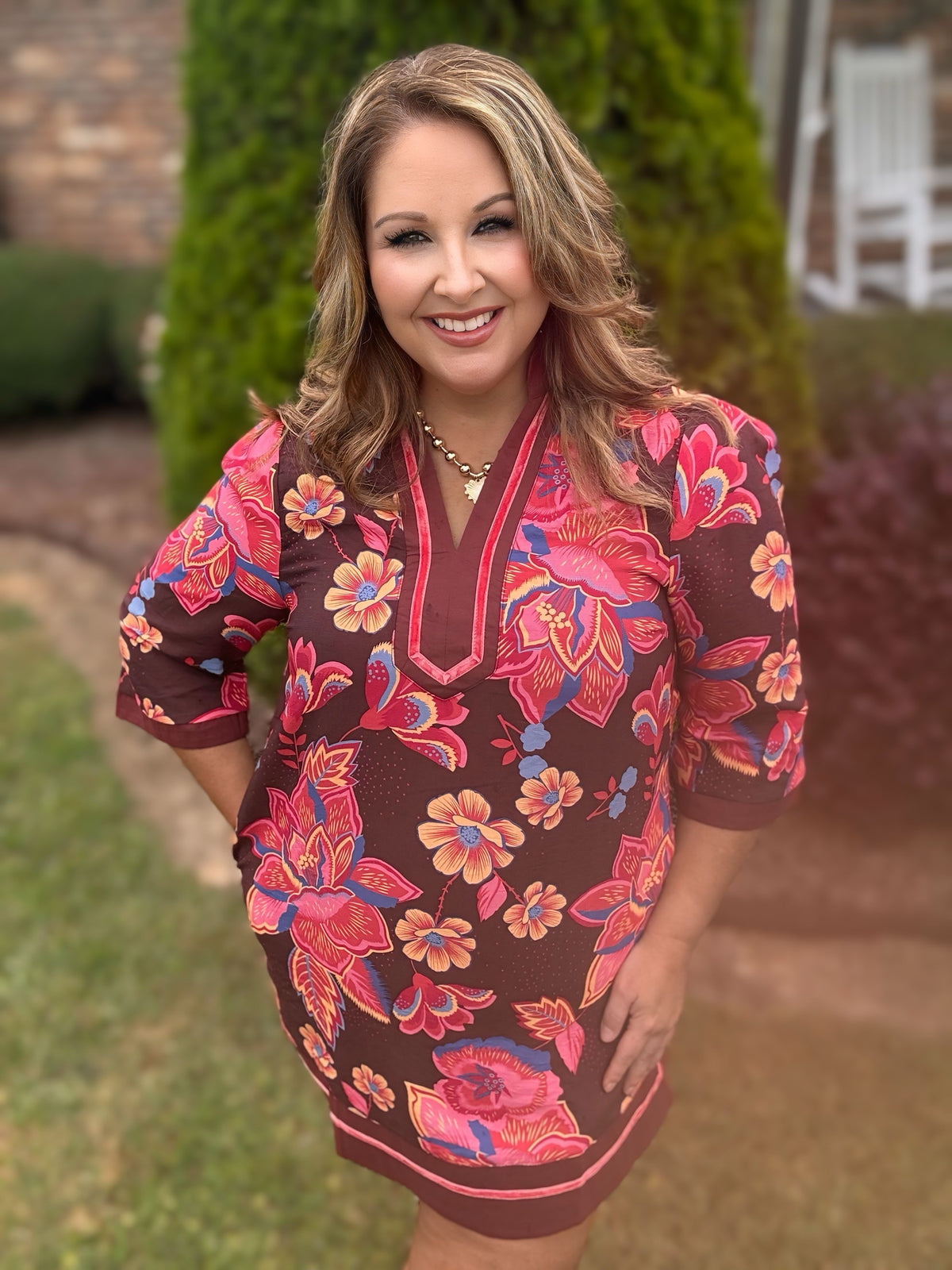 Jewel-Tone Floral Contrast Trim Dress