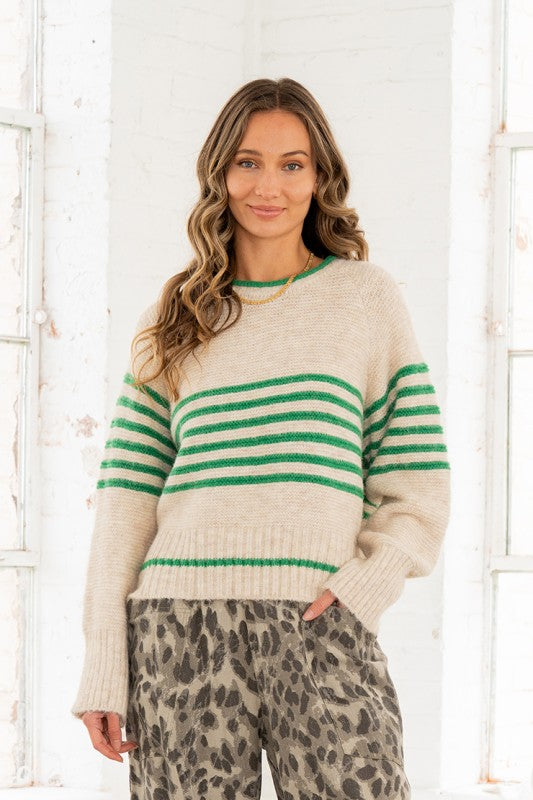 Green/Oatmeal Striped Sweater Top