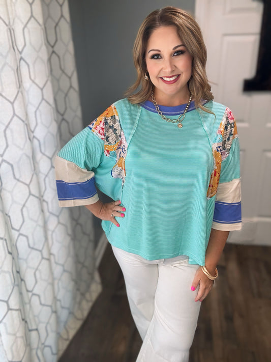 Pin Striped Knit Top with Mix Floral Print Sleeves in Turquoise