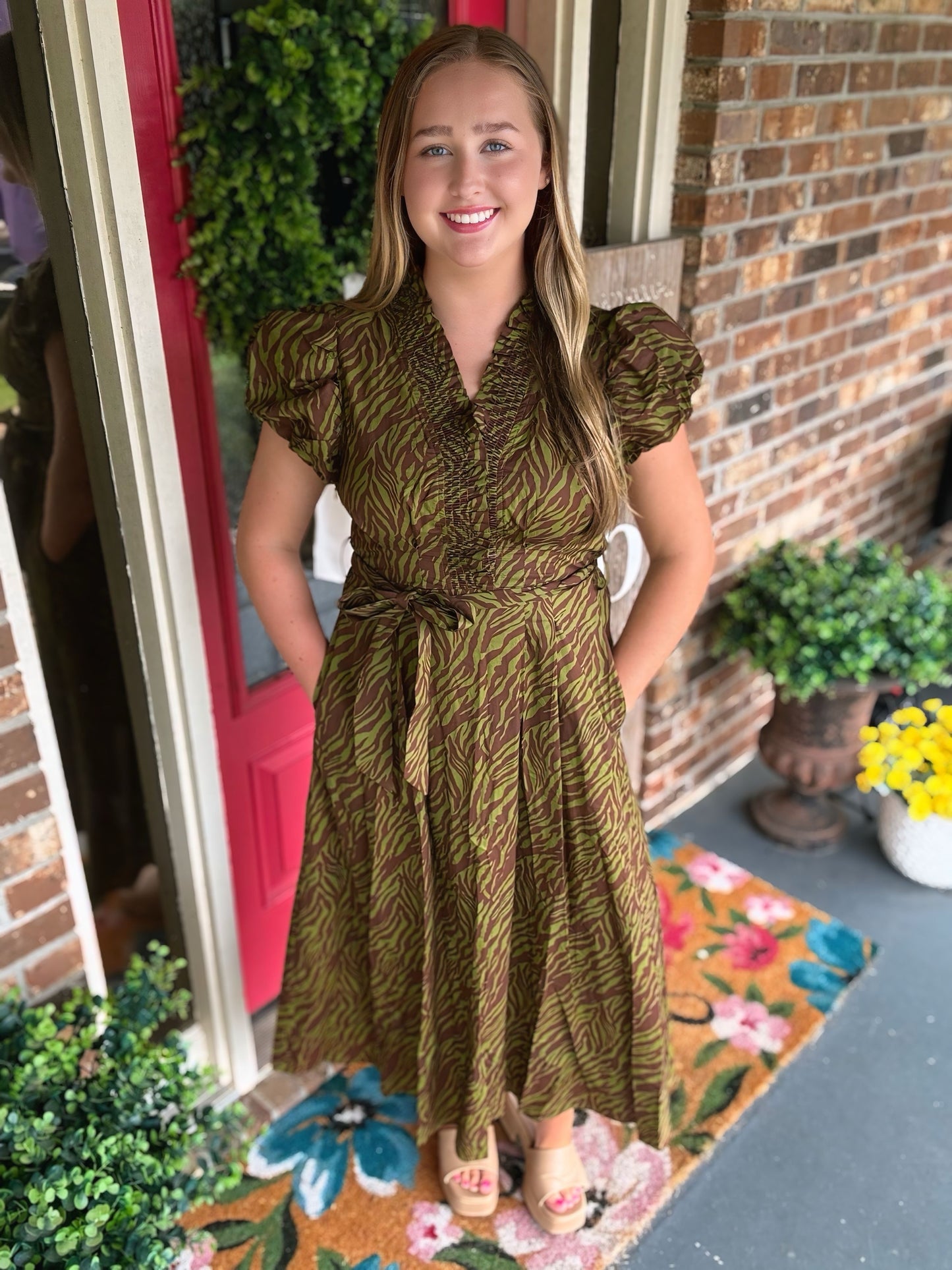 Entro Olive Tiger Print Midi Dress