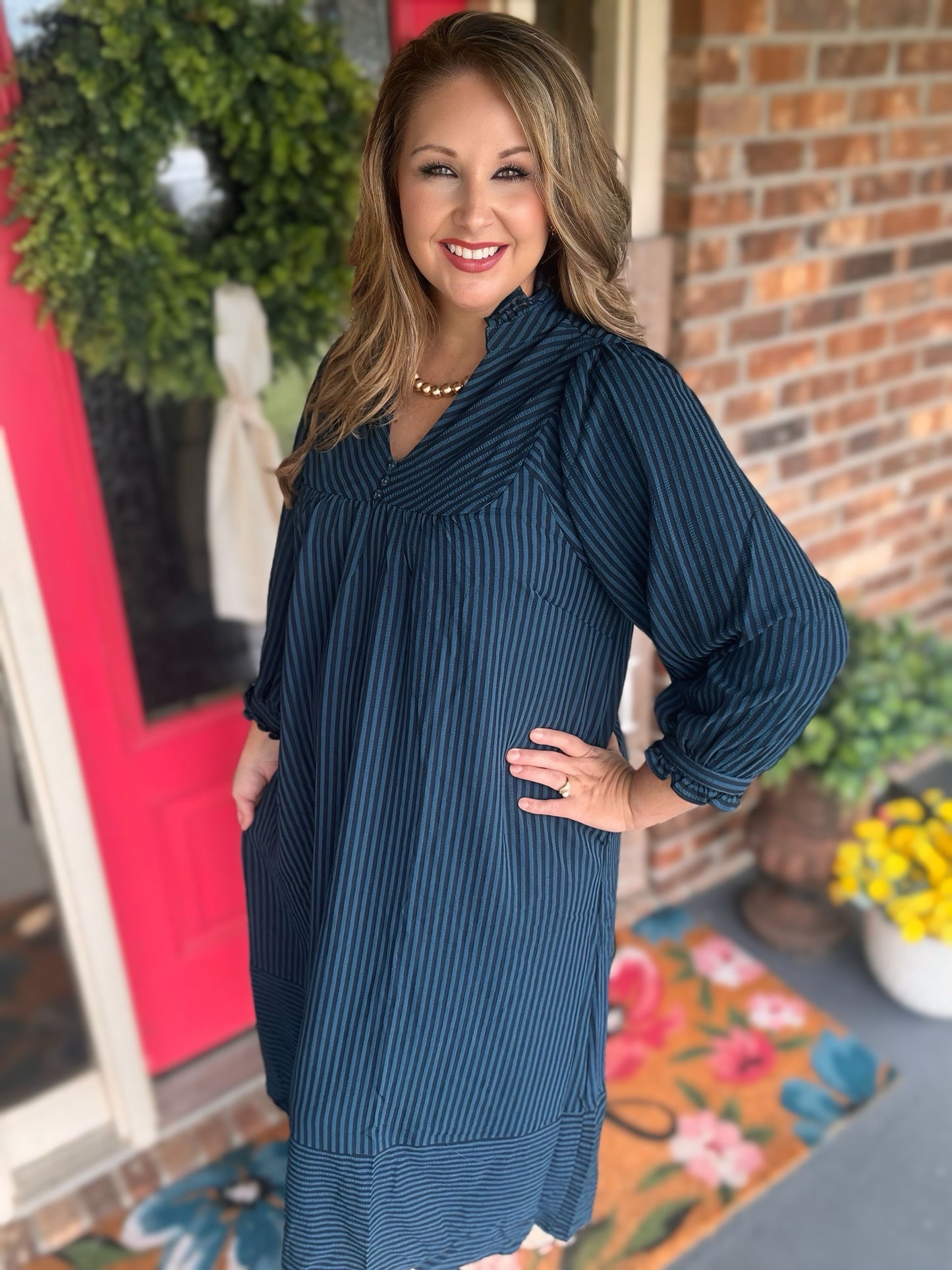 Umgee Teal Striped Seersucker Midi Dress
