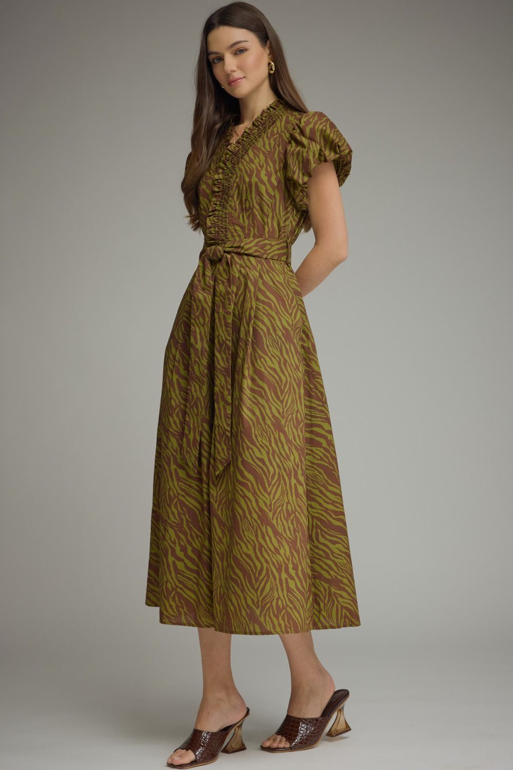 Entro Olive Tiger Print Midi Dress