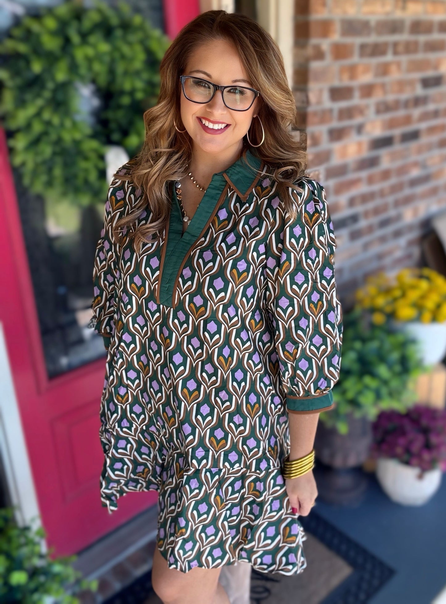 Entro Geometric print long puff sleeve dress