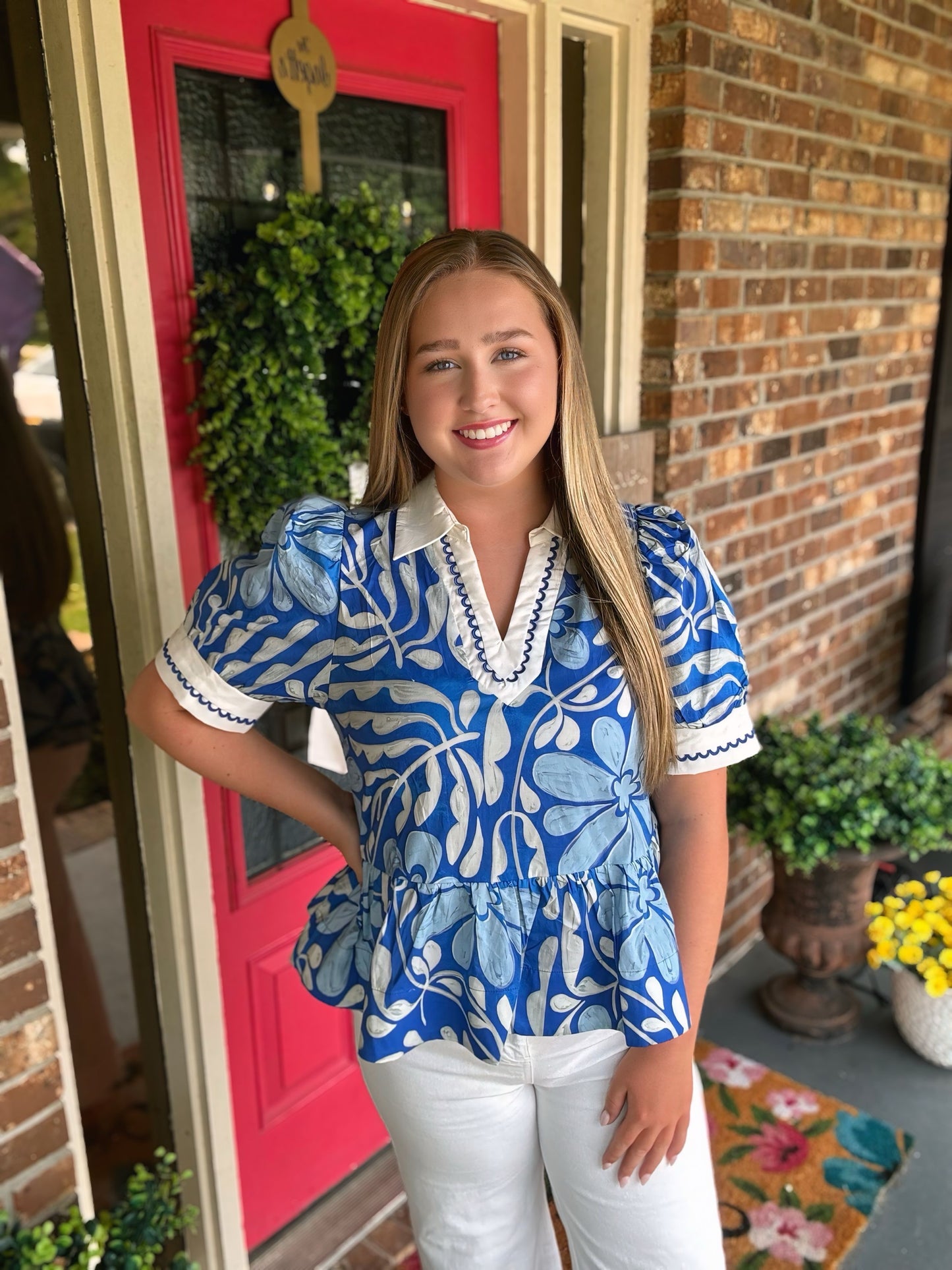 Blue Entro Floral V-neck Top