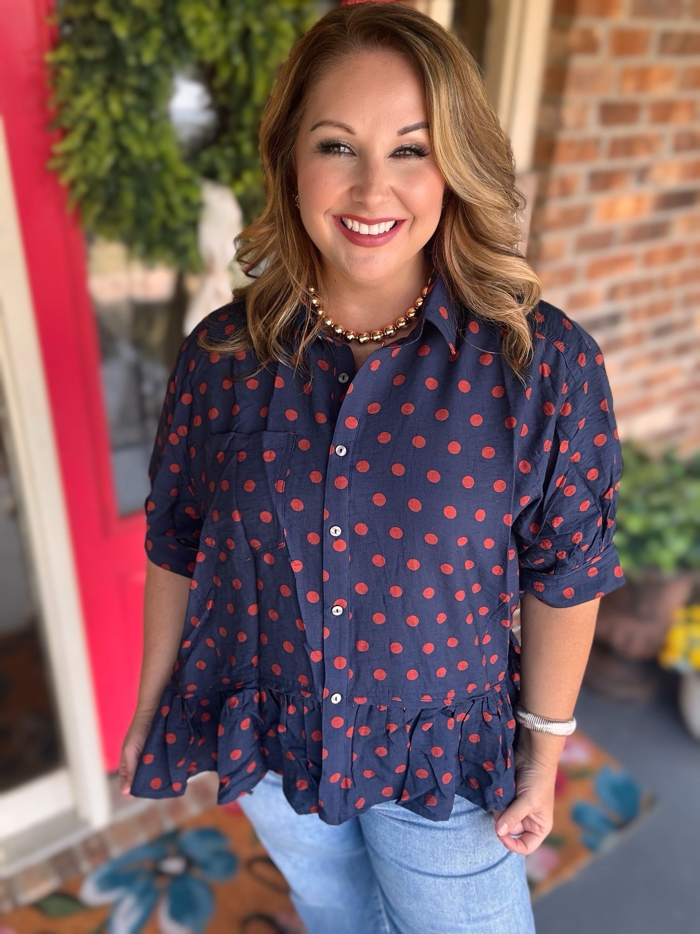 Entro Navy & Burnt Orange Polka Dot Game Day Top