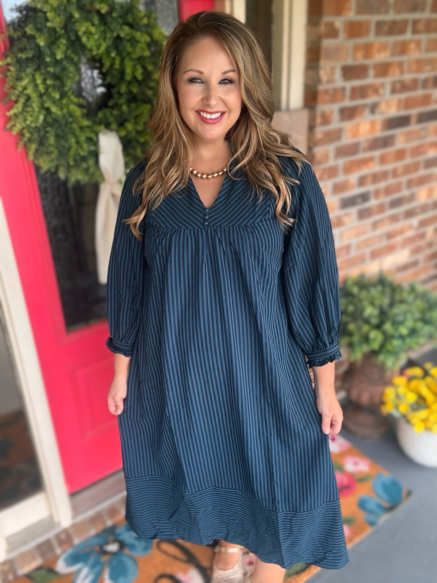 Umgee Teal Striped Seersucker Midi Dress