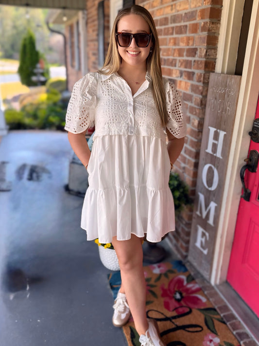 Entro White Eyelet Crochet Ruffle Sleeve Dress