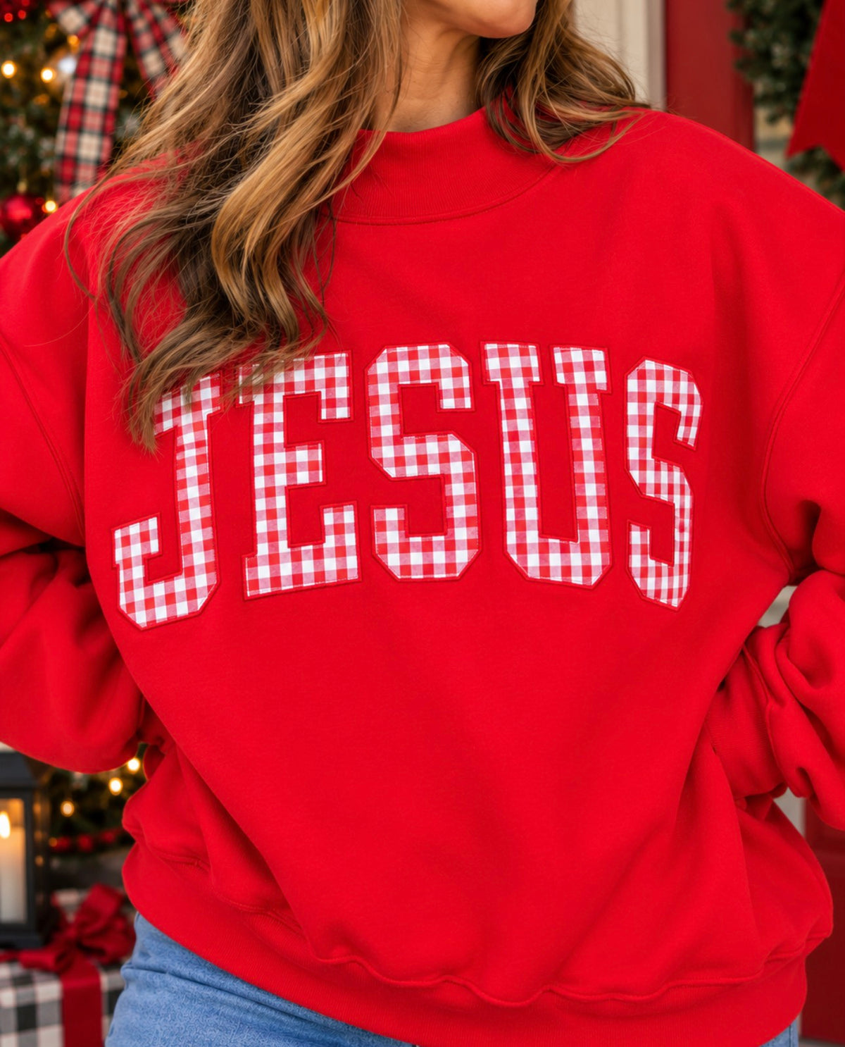 Jesus Gingham Oversized Mock Neck Sweatshirt – Red