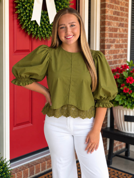 Entro Martini Olive Lace Trim Balloon Sleeve Top