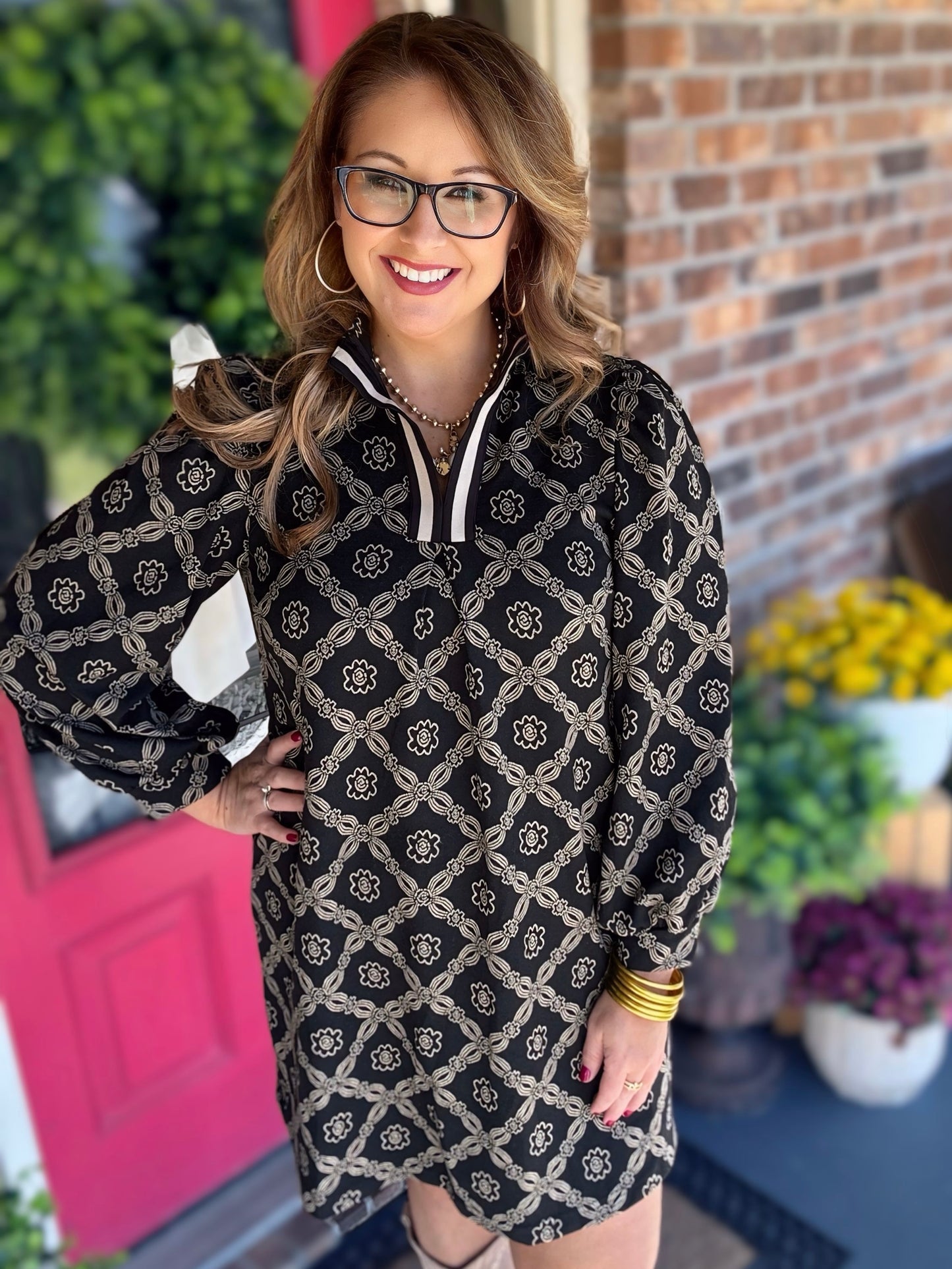 Geometric Print Long Sleeve Mini Dress