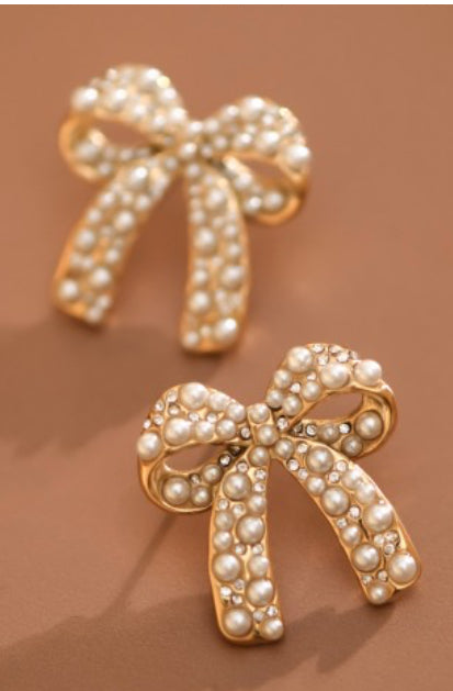 Gold and pearl waterproof bow earrings