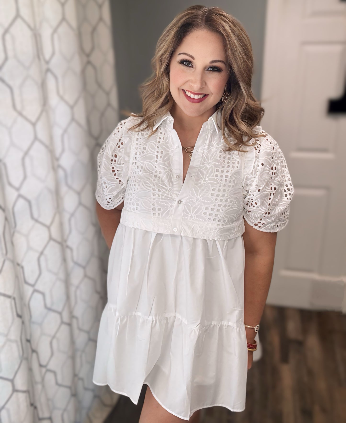 White Eyelet Crochet Ruffle Sleeve Dress