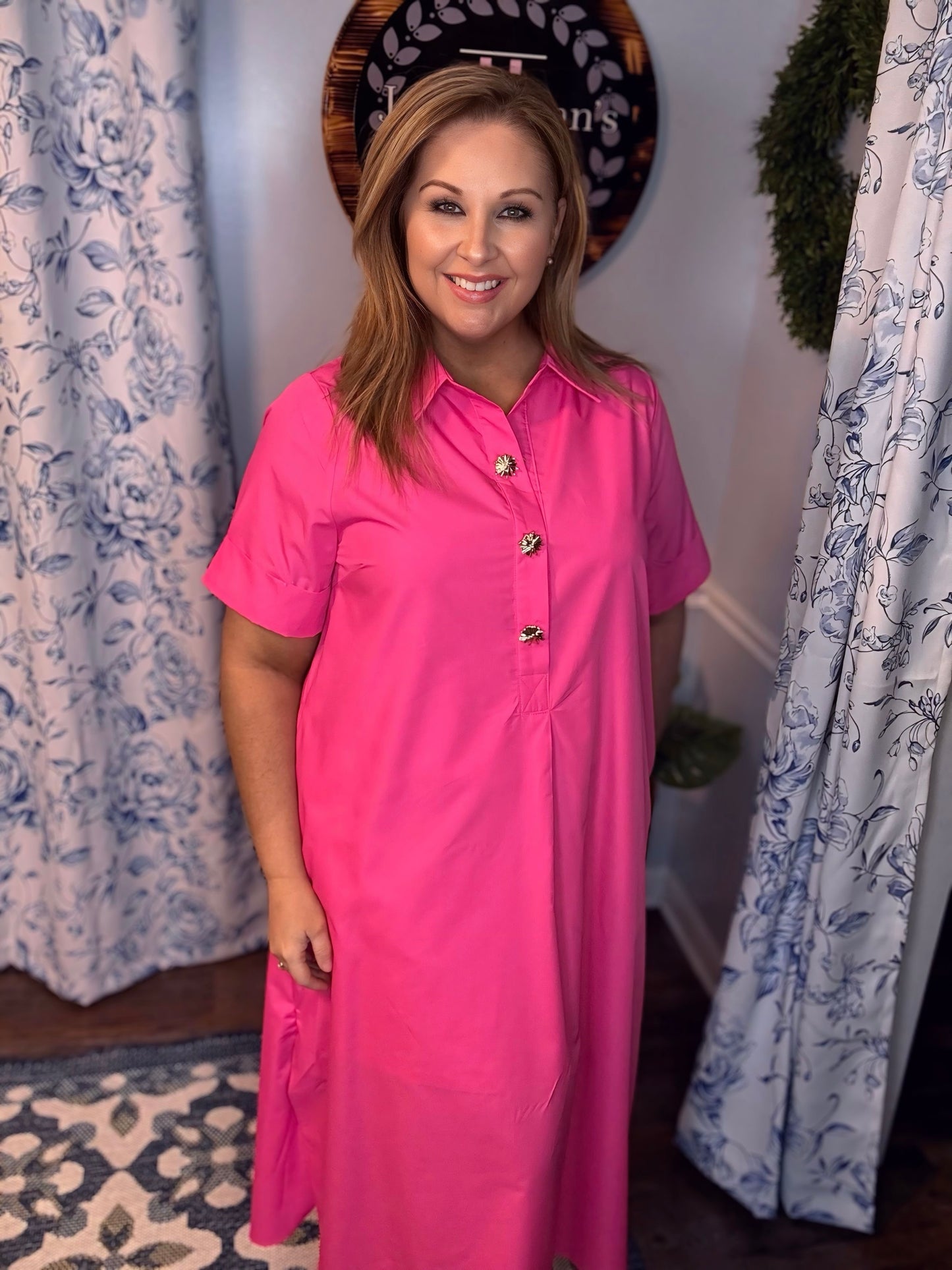 Pink Entro Short Sleeve Midi Dress with Gold Buttons