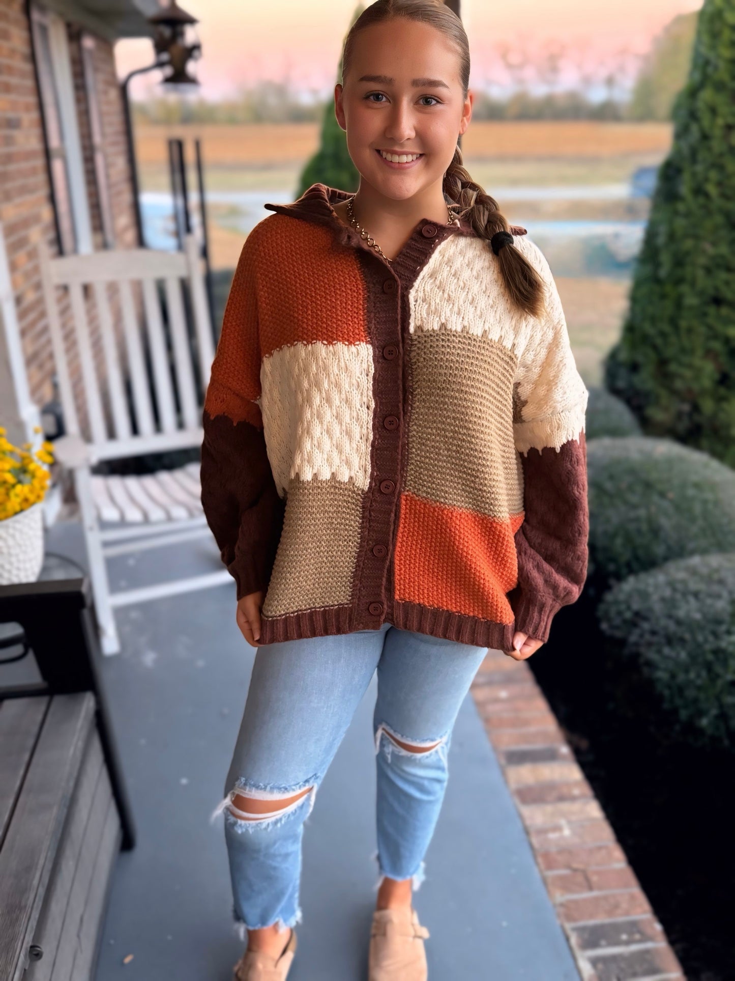 Long Sleeve Knit Sweater Top with Color Block