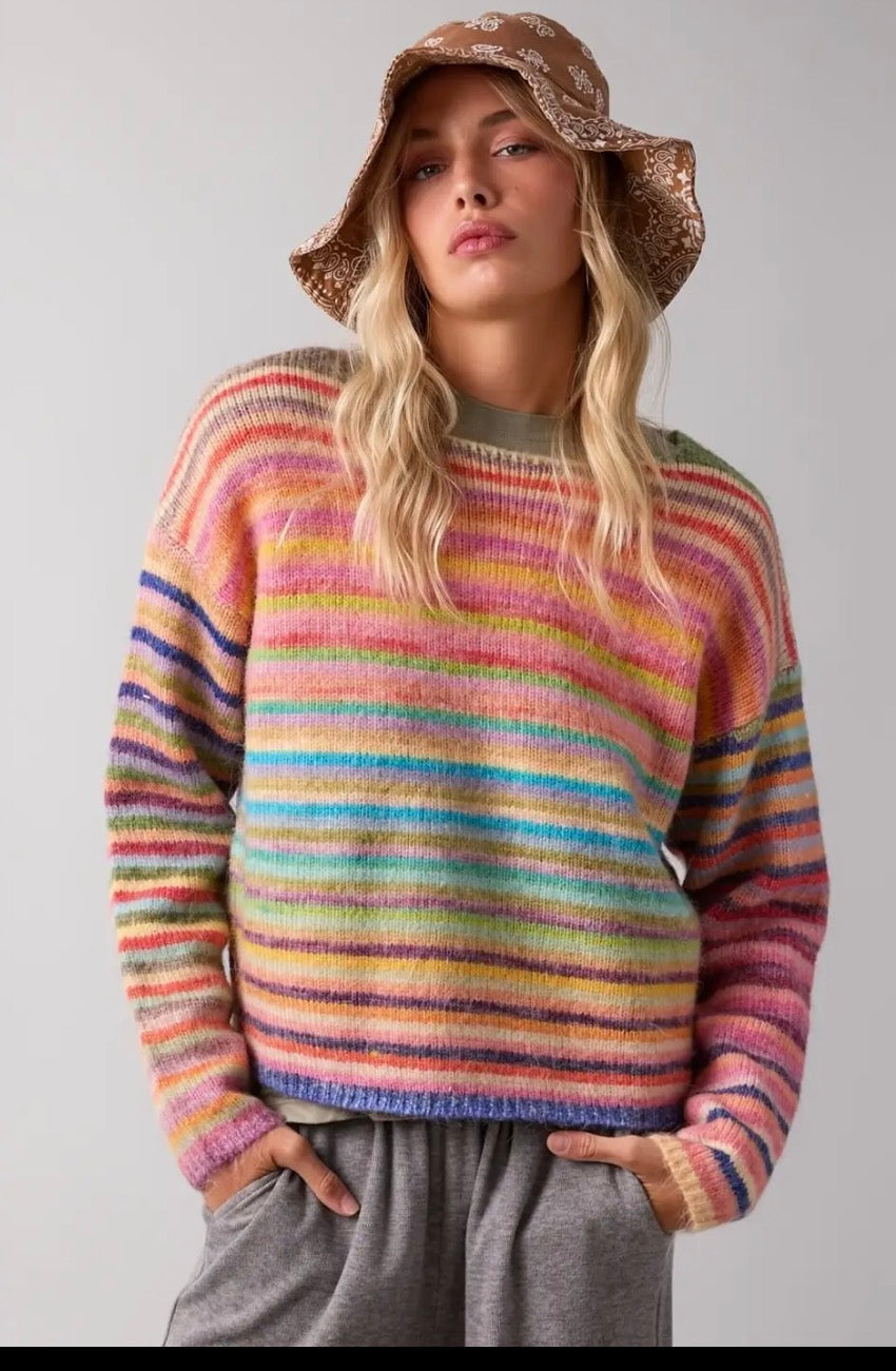 Rainbow Knit Sweater – Multi-Color Striped Pullover Top