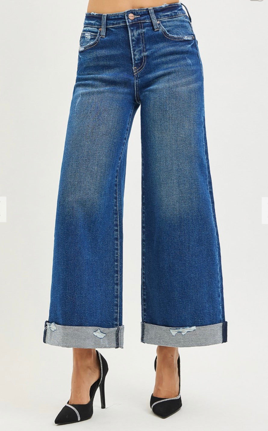 Risen High Rise Crop Wide Leg Distressed Cuff Jeans