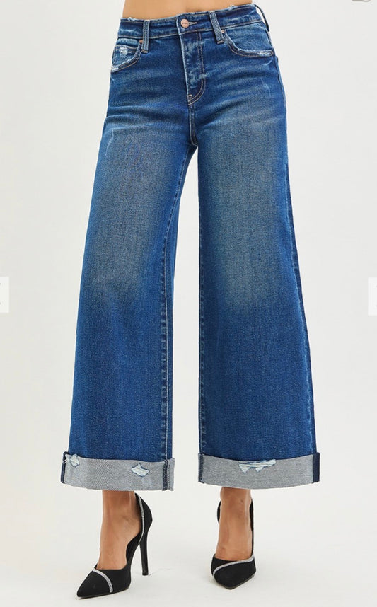 Risen High Rise Crop Wide Leg Distressed Cuff Jeans