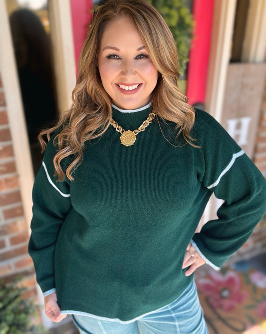 Entro Pine Contrast Trim Mock Neck Sweater