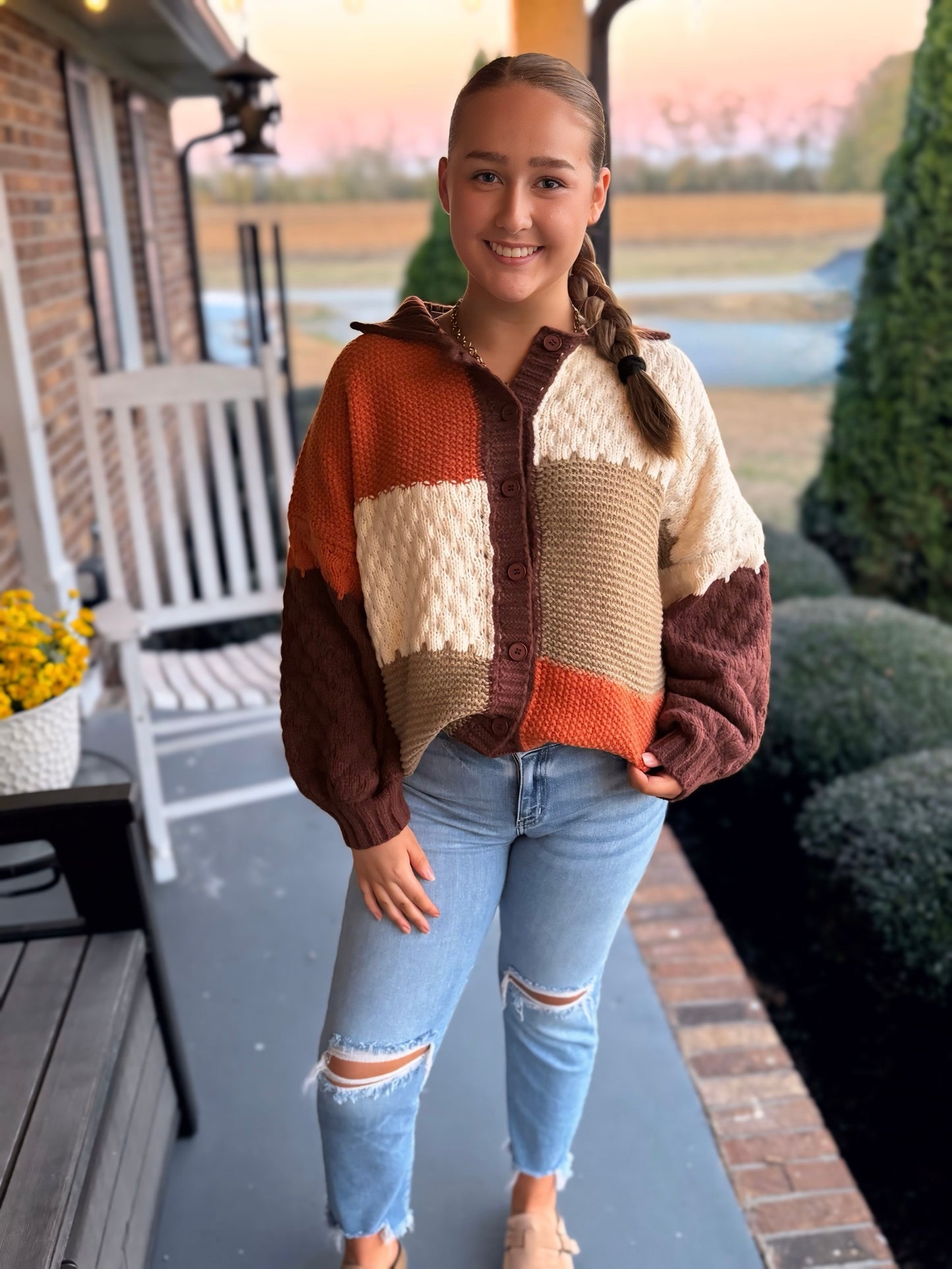Long Sleeve Knit Sweater Top with Color Block